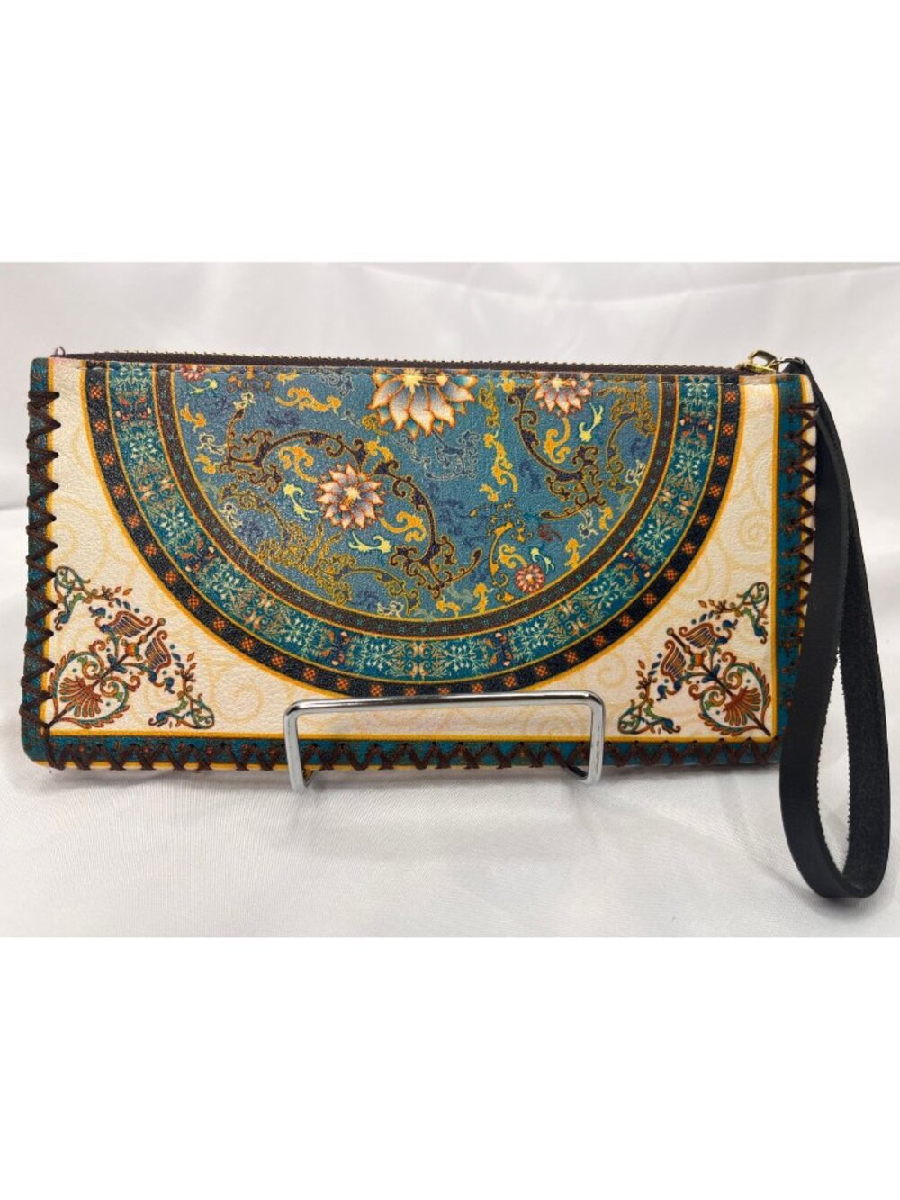 Boho Floral Medallion Wristlet Wallet Teal Cream Whipstitch Zip Organizer